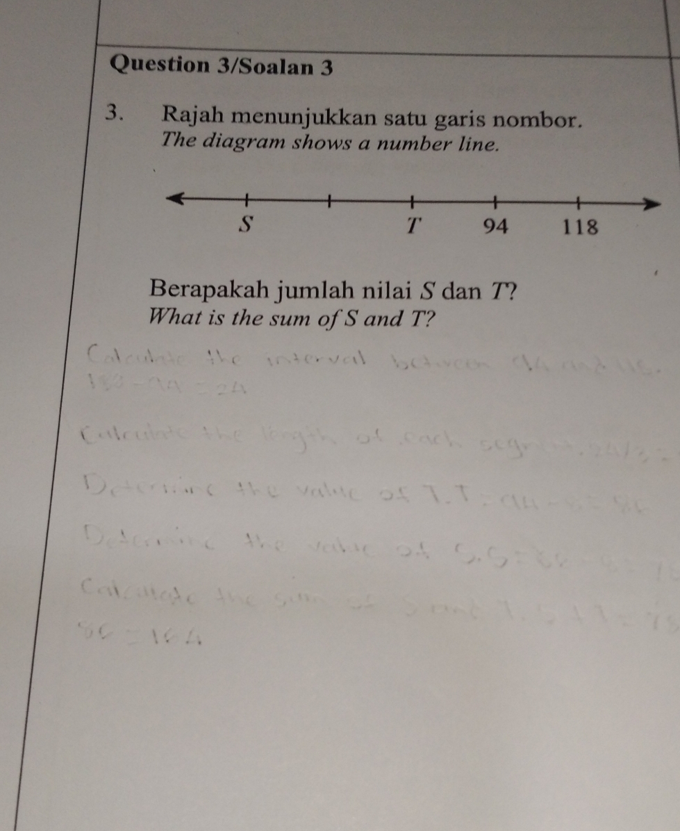 Question 3/Soalan 3 
3. Rajah menunjukkan satu garis nombor. 
The diagram shows a number line. 
Berapakah jumlah nilai S dan T? 
What is the sum of S and T?