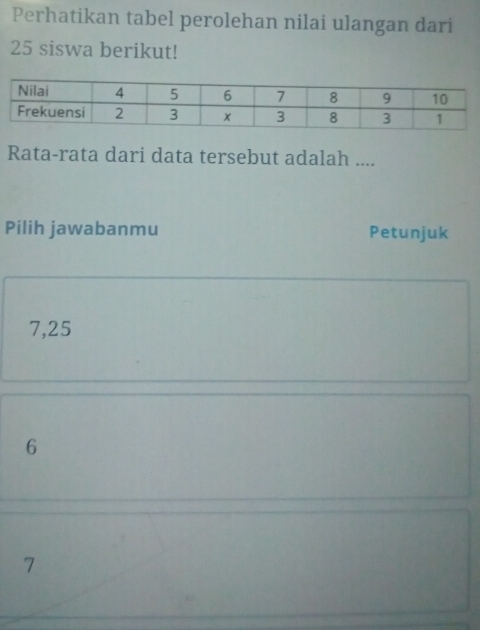 Perhatikan tabel perolehan nilai ulangan dari
25 siswa berikut!
Rata-rata dari data tersebut adalah ....
Pilih jawabanmu Petunjuk
7, 25
6
7