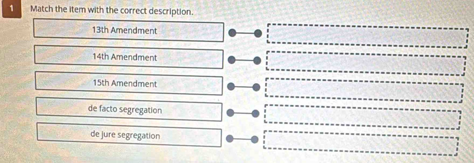 Match the item with the correct description.
13th Amendment
14th Amendment
15th Amendment
de facto segregation
de jure segregation