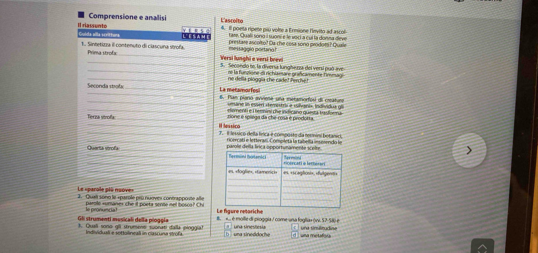 Comprensione e analisi L'ascolto
Il riassunto E R S O 4. Il poeta ripete più volte a Ermione l'invito ad ascol
tare. Quali sono i suoni e le voci a cui la donna deve
Guida alla scrittura L' E S A ME prestare ascolto? Da che cosa sono prodotti? Quale
1. Sintetizza il contenuto di ciascuna strofa. messaggio portano?
_
Prima strofa: _Versi lunghi e versi brevi
_
5. Secondo te, la diversa lunghezza dei versi può ave
re la funzione di richiamare graficamente l'immagi
_ne della pioggia che cade? Perché?
_
Seconda strofa: _La metamorfosi
_
6. Pian piano avviene una metamorfosi di creature
umane in esseri «terrestri» e «silvani». Individua gli
_elementi e i termini che indicano questa trasforma-
Terza strofa: _zione e spiega da che cosa è prodotta.
_Il lessico
_7. Il lessico della lirica è composto da termini botanici,
_ricercati e letterari. Completa la tabella inserendo le
Quarta strofa: _parole della lirica opportunamente scelte.
_
_
_
Le «parole più nuove»
2. Quali sono le «parole più nuove» contrapposte alle
parole «umane» che il poeta sente nel bosco? Chi
le pronuncia? Le figure retoriche
Gli strumenti musicali della pioggia 8. «... è molle di pioggia / come una foglia» (vv. 57-58) è
3. Quali sono gli strumenti suonati dalla pioggia? a una sinestesia c  una similitudine
Individuali e sottolineali in ciascuna strofa. b una sineddoche d una metafora