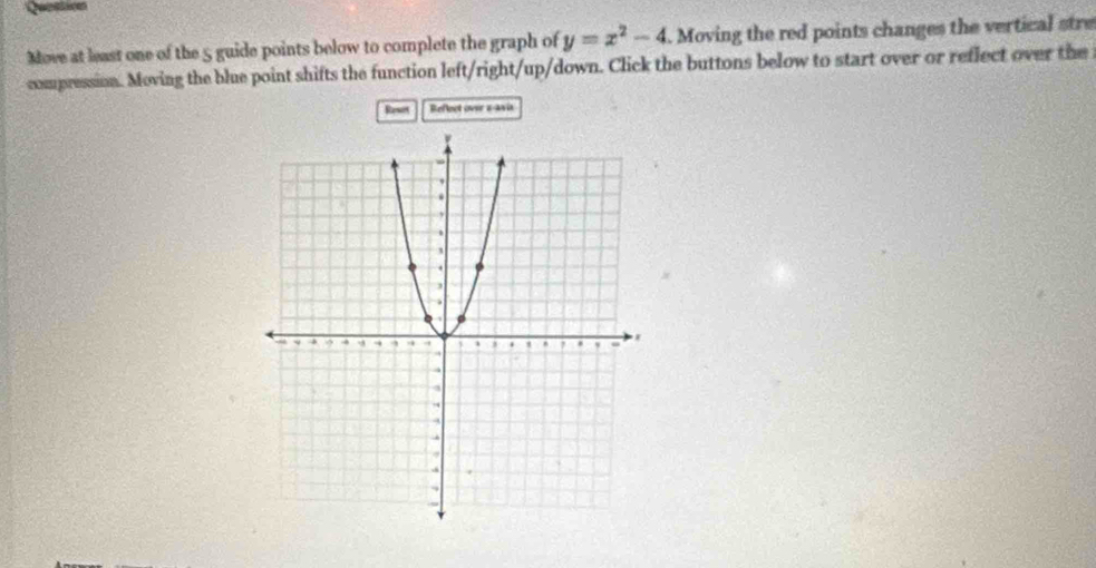 Move at least one of the 5 guide points below to complete the graph of y=x^2-4. Moving the red points changes the vertical stre 
compression. Moving the blue point shifts the function left/right/up/down. Click the buttons below to start over or reflect over the 
Reset Refect over e avis