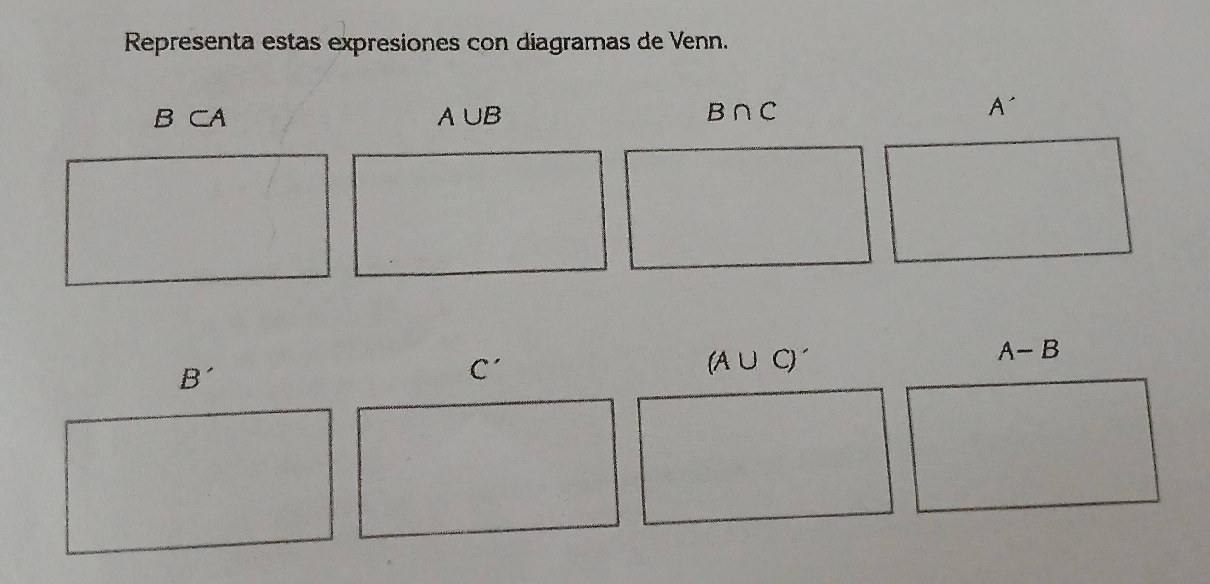 Representa estas expresiones con diagramas de Venn.
B CA A∪ B
A-B
B'
C'
(A∪ C)'