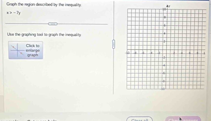 Graph the region described by the inequality.
x>-7y
Use the graphing tool to graph the inequality. 
Click to 
enlarge 
graph