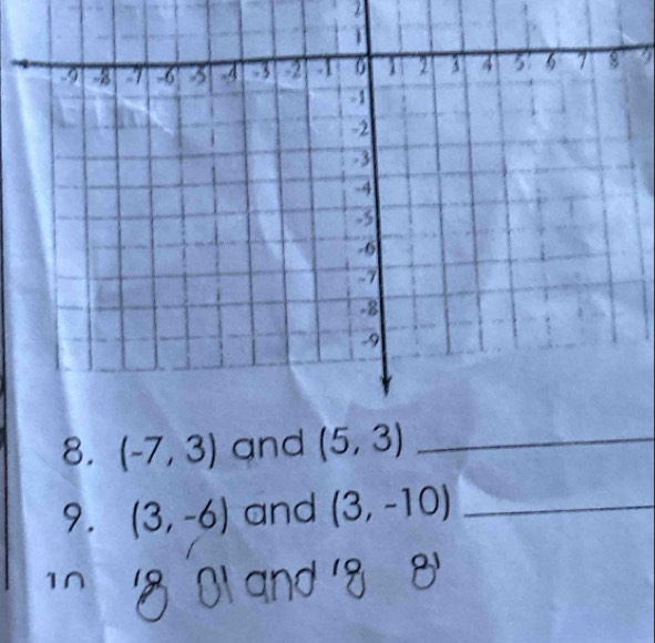 2 
8. (-7,3) and (5,3) _ 
9. (3,-6) and (3,-10) _ 
a 
0