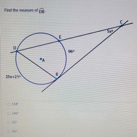 Find the measure of widehat DB·
118°
146°
25°
96°