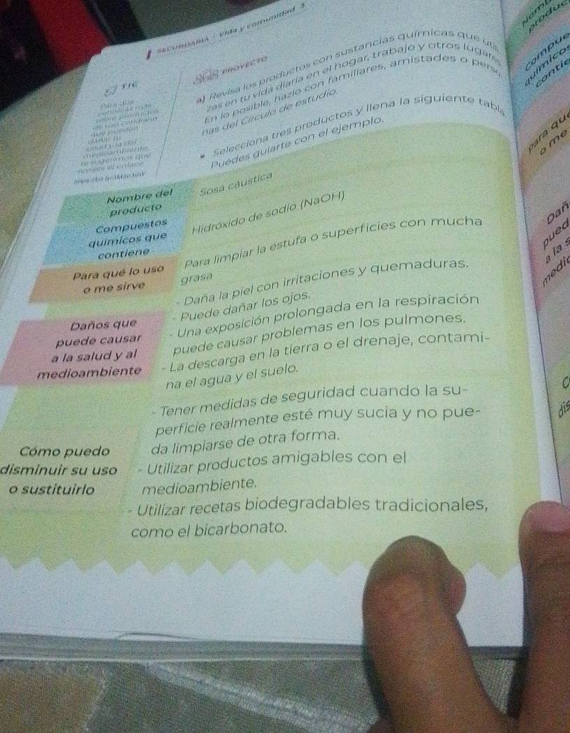 Jom
pro d ud
''cubala : Vida y comunidad 
u ímico
S8 provecto
An a coa a) Revisa los productos con sustancias quírnicas que uti
En lo posible, h a i o co n familiares, amistades o er Compue
r 1C
contie
co péte prodaços m d as en tu vida diaría en el hogar, trabajo y otros lugar
Selecciona tres productos y llena la siguiente tabla
a m bio n a d d n (2/1)31) (1
q
me
stpa 2ha lọ 3Mão tow e c ce Puédes guiarte con el ejemplo,
Nombré del Sosa cáustica
producto
qued
químicos qué Compuestos
Hidróxido de sodio (NaOH)
Para limpiar la estufa o superficies con mucha Dan
contiene
la 
Para qué lo uso
Daña la piel con irritaciones y quemaduras
o me sirve grasa
nedi
Puede dañar los ojos.
Daños que
Una exposición prolongada en la respiración
a la salud y al puede causar problemas en los pulmones.
puede causar
medioambiente La descarga en la tierra o el drenaje, contami-
na el agua y el suelo.
- Tener medidas de seguridad cuando la su-
perficie realmente esté muy sucia y no pue-
dis
Cómo puedo da limpiarse de otra forma.
disminuir su uso Utilizar productos amigables con el
o sustituírlo medioambiente.
Utilizar recetas biodegradables tradicionales,
como el bicarbonato.