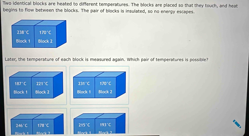 Two identical blocks are heated to different temperatures. The blocks are placed so that they touch, and heat
begins to flow between the blocks. The pair of blocks is insulated, so no energy escapes.
Later, the temperature of each block is measured again. Which pair of temperatures is possible?
246°C 178°C 215°C 193°C
Black 1 Rthedt=2 Rtock=1 Block 2