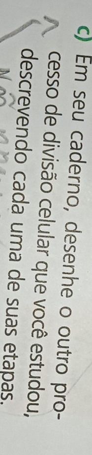 Em seu caderno, desenhe o outro pro- 
cesso de divisão celular que você estudou, 
descrevendo cada uma de suas etapas.