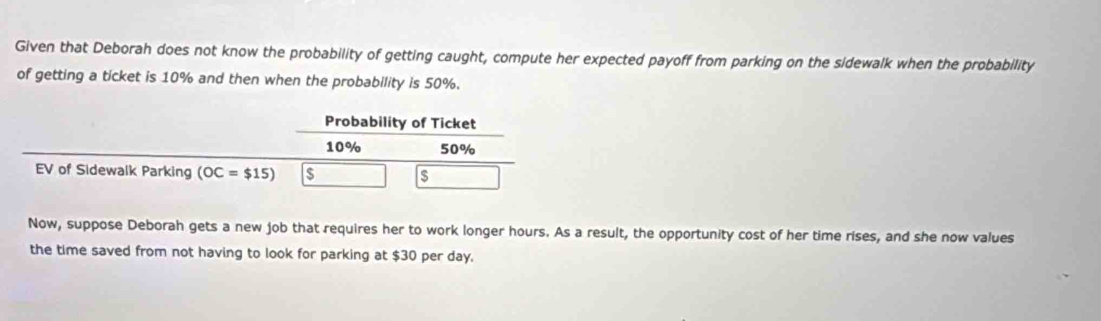 Given that Deborah does not know the probability of getting caught, compute her expected payoff from parking on the sidewalk when the probability 
of getting a ticket is 10% and then when the probability is 50%. 
Probability of Ticket
10% 50%
EV of Sidewalk Parking (OC=$15) s 
Now, suppose Deborah gets a new job that requires her to work longer hours. As a result, the opportunity cost of her time rises, and she now values 
the time saved from not having to look for parking at $30 per day.