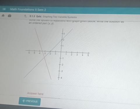 Math Foundations II Sem 2 
5.1.3 Quiz: Graphing Two Variable Systers 
an ordered pair Soive the system of equations with graph given below, white the solution as
(x,y). 
Answer here 
← previous