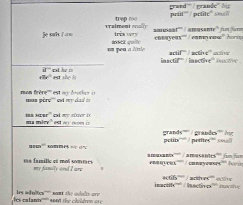 grand'''/ grande' big
petit''' / petite' small
trop too
wraiment really amusant''' / amusante''' füm furm
je suis I am très very ennuyeux''' / ennuyeuse'' boring
assez quite
un peu a little actif/ active' active
inactif' / inactive' inactive
iI^((m)) est he is
e le° est she is
mon frère'''' est my brother is
mon père'''' est my dad is
ma sœur'' est my sister is
ma mère' est my mom is
grands grandes big
petits petites' small
nous” sommes we are 
amusants'' amusantes fün fün
ma famille et moi sommes ennuyeux ennuyeuses''' borin
my family and I are
actifs''' / actives'''' active
inactifs '' inactives'' inactive
les adultes'' sont the adults are
les enfants''''' sont the children are