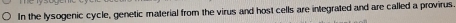 In the lysogenic cycle, genetic material from the virus and host cells are integrated and are called a provirus