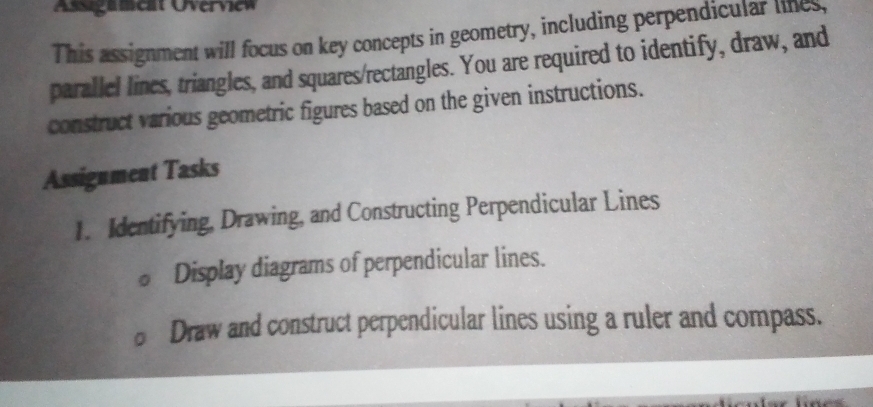 Assigameat Overview 
This assignment will focus on key concepts in geometry, including perpendicular lines, 
parallel lines, triangles, and squares/rectangles. You are required to identify, draw, and 
construct various geometric figures based on the given instructions. 
Assignment Tasks 
1. Identifying, Drawing, and Constructing Perpendicular Lines 
Display diagrams of perpendicular lines. 
Draw and construct perpendicular lines using a ruler and compass.