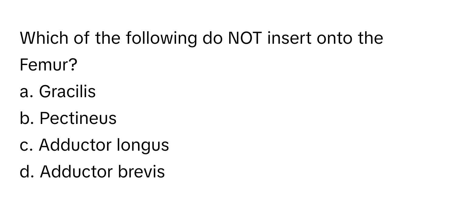 Which of the following do NOT insert onto the Femur?

a. Gracilis
b. Pectineus
c. Adductor longus
d. Adductor brevis