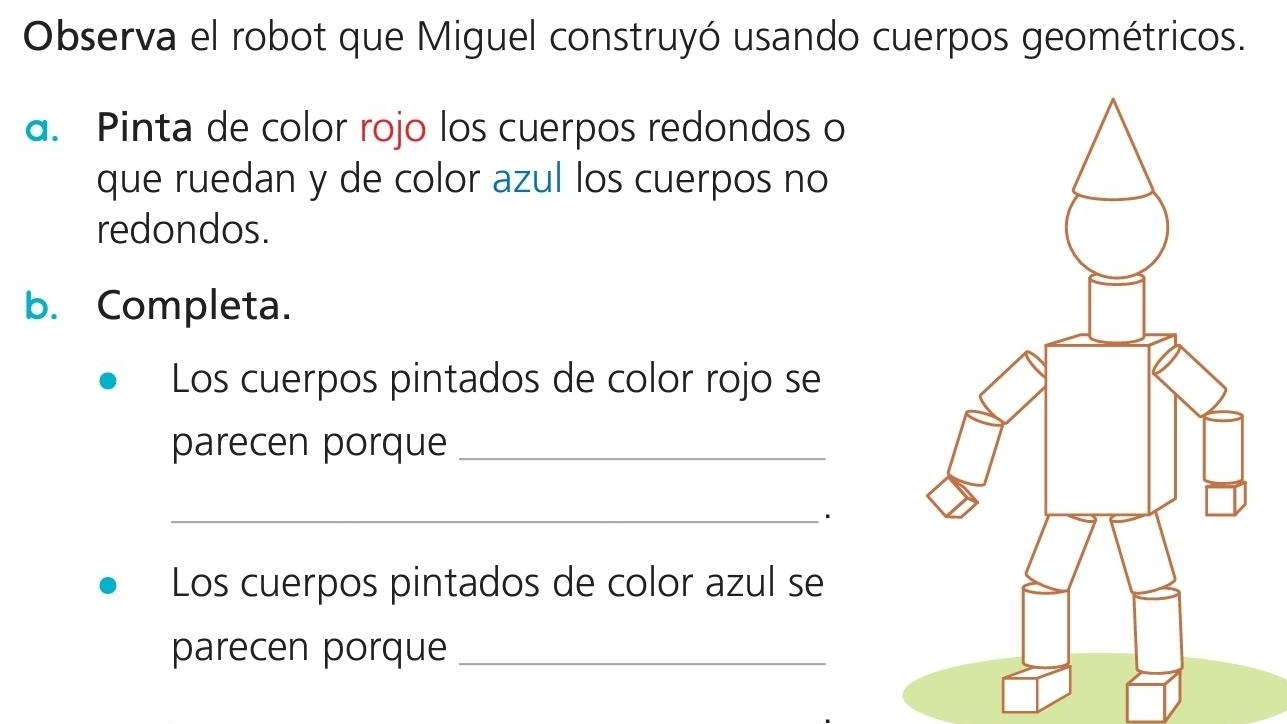 Observa el robot que Miguel construyó usando cuerpos geométricos. 
a. Pinta de color rojo los cuerpos redondos o 
que ruedan y de color azul los cuerpos no 
redondos. 
b. Completa. 
Los cuerpos pintados de color rojo se 
parecen porque_ 
_ 
. 
Los cuerpos pintados de color azul se 
parecen porque_