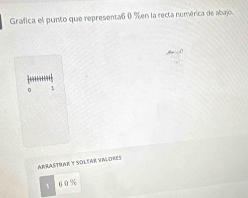 Grafica el punto que representa6 0 % en la recta numérica de abajo.
0 1
ARRASTRAR Y SOLTAR VALORES
1 6 0 %