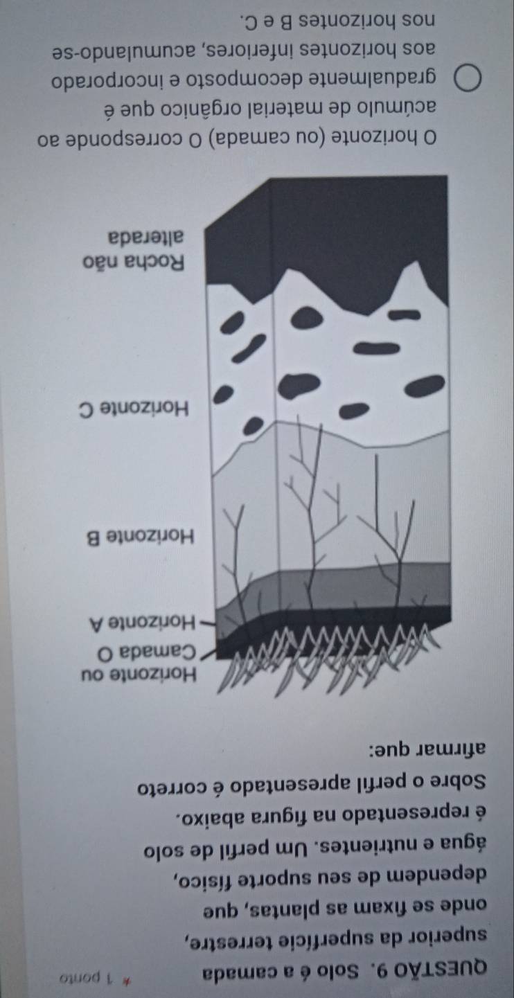 Solo é a camada 1 ponto 
superior da superfície terrestre, 
onde se fixam as plantas, que 
dependem de seu suporte físico, 
água e nutrientes. Um perfil de solo 
é representado na figura abaixo. 
Sobre o perfil apresentado é correto 
afirmar que: 
O horizonte (ou camada) O corresponde ao 
acúmulo de material orgânico que é 
gradualmente decomposto e incorporado 
aos horizontes inferiores, acumulando-se 
nos horizontes B e C.