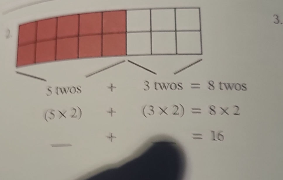 5 twos°  1/1  . 3twos =8twos
(5* 2)+ (3* 2)=8* 2
+
=16