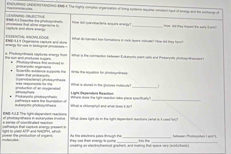 ENDURING UNDERSTANDING ENE-1 The highly complex organization of living systems requires constant input of energy and the exchange of 
macromolecules. 
LEARNING OBJECTIVE 
ENE-1.I Describe the photosynthetic How did cyanobacteria acquire energy? _How did they impact the early Earth? 
processes that allow organisms to 
capture and store energy. 
ESSENTIAL KNOWLEDGE What do banded iron formations in rock layers indicate? How did they form? 
ENE-1.I.1 Organisms capture and store 
energy for use in biological processes 
a. Photosynthesis captures energy from What is the connection between Eukaryotic plant cells and Prokaryotic photosyntheaizers? 
the sun and produces sugars. 
Photosynthesis first evolved in 
prokaryotic organisms 
Scientific evidence supports the Write the equation for photosynthesis: 
claim that prokaryotic 
(cyanobacteral) photosynthesis 
was responsible for the What is stored in the glucose molecule? _！ 
production of an oxygenated 
atmosphere Light Dependant Reaction 
Prokaryotic photosynthetic Where does the light reaction take place specifically? 
pathways were the foundation of 
_ 
eukaryotic photosynthesis What is chlorophyll and what does it do? 
ENE-1.I.2 The light-dependent reactions 
of photosynthesis in eukaryotes involve What does light do in the light dependant reactions (what is it used for)? 
a series of coordinated reaction 
pathways that capture energy present in 
light to yield ATP and NADPH, which 
power the production of organic As the electrons pass through the _between Photosystem I and II. 
molecules. they use their energy to pump_ into the_ 
creating an electrochemical gradient, and making that space very (acidic/basic).