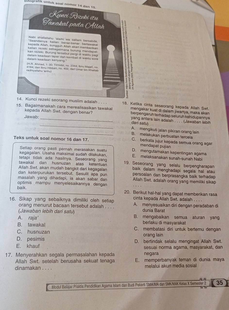 Infografik untuk soal nomor 14 dan 15.
Kunci Rezeki itu
Tawakal pada Allah
Nabi shallallahu 'alaihi wa sallam bersabda,
"Seandainya kalian benar-benar bertawakal
kepada Allah, sungguh Allah akan memberikan
kalian rezeki sebagaimana burung mendapat-
kan rezeki. Burung tersebut pergi di waktu pagi
dalam keadaan lapar dan kembali di waktu sore
dalam keadaan kenyang."
(H.R. Ahmad, 1: 30; Tirmidzi, no. 2344; Ibnu Majah, no.
4164; dan Ibnu Hibban, no. 402, dari Umar bin Khattab
radhiyallahu 'anhu)
3
14. Kunci rezeki seorang muslim adalah . . . . 18. Ketika cinta seseorang kepada Allah Swt.
mengakar kuat di dalam jiwanya, maka akan
kepada Allah Swt. dengan benar?
15. Bagaimanakah cara merealisasikan tawakal berpengaruh terhadap seluruh kehidupannya
Jawab:
_
_yang antara lain adalah . . . . (Jawaban lebih
dari satu)
_A. mengikuti jalan pikiran orang lain
B. melakukan perbuatan tercela
Teks untuk soal nomor 16 dan 17.
C. berkata jujur kepada semua orang agar
mendapat pujian
Setiap orang pasti pernah merasakan suatu
D. mengutamakan kepentingan agama
kegagalan. Usaha maksimal sudah dilakukan, E. melaksanakan sunah-sunah Nabi
tetapi tidak ada hasilnya. Seseorang yang
tawakal dan husnuzan atas ketentuan 19. Seseorang yang selalu berpengharapan
Allah Swt. akan mudah bangkit dari kegagalan baik dalam menghadapi segala hal atau 
dan keterpurukan tersebut. Sesulit apa pun persoalan dan berprasangka baik terhadap 
masalah yang dihadapi, ia akan sabar dan Allah Swt. adalah orang yang memiliki sikap
optimis mampu menyelesaikannya dengan
baik. 20. Berikut hal-hal yang dapat memberikan rasa
16. Sikap yang sebaiknya dimiliki oleh setiap cinta kepada Allah Swt. adalah . . . .
A. menyesuaikan diri dengan peradaban di
orang menurut bacaan tersebut adalah . . . .
(Jawaban lebih dari satu)
dunia Barat
A. raja’
B. mengabaikan semua aturan yan
B. tawakal
berlaku di masyarakat
C. husnuzan
C. membatasi diri untuk bertemu dengan
orang lain
D. pesimis D. bertindak selalu mengingat Allah Swt.
E. khauf sesuai norma agama, masyarakat, dan
17. Menyerahkan segala permaşalahan kepada negara
Allah Swt. setelah berusaha sekuat tenaga E. memperbanyak teman di dunia maya
dinamakan . . . . melalui akun media sosial
Modul Belajar Přaktis Pendidikan Agama Islam dan Budi Pekerti SMA/MA dan SMK/MAK Kelas X Semester 2 35