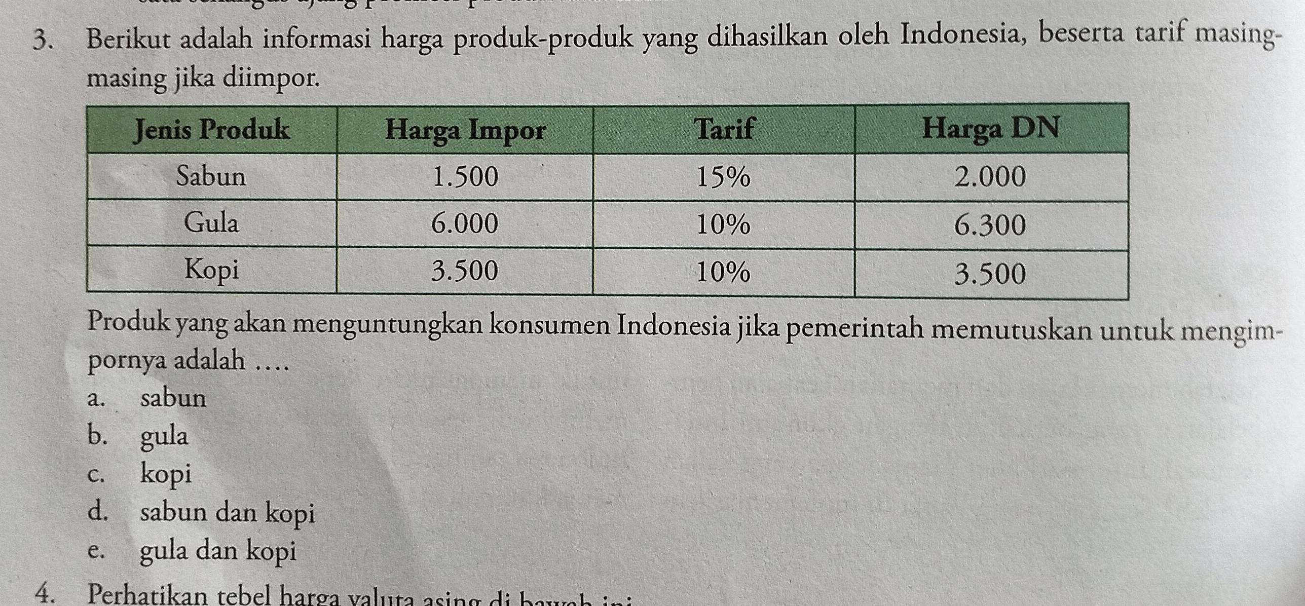 Berikut adalah informasi harga produk-produk yang dihasilkan oleh Indonesia, beserta tarif masing-
masing jika diimpor.
Produk yang akan menguntungkan konsumen Indonesia jika pemerintah memutuskan untuk mengim-
pornya adalah …
a. sabun
b. gula
c. kopi
d. sabun dan kopi
e. gula dan kopi
4. Perhatikan tebel harga valuta asing di bau