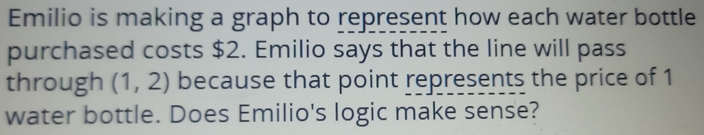 Emilio is making a graph to represent how each water bottle 
purchased costs $2. Emilio says that the line will pass 
through (1,2) because that point represents the price of 1
water bottle. Does Emilio's logic make sense?