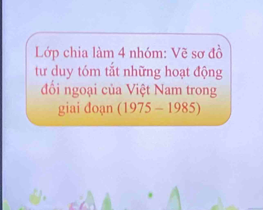 Lớp chia làm 4 nhóm: Vẽ sơ đồ 
tư duy tóm tắt những hoạt động 
đổi ngoại của Việt Nam trong 
giai đoạn (1975-1985)