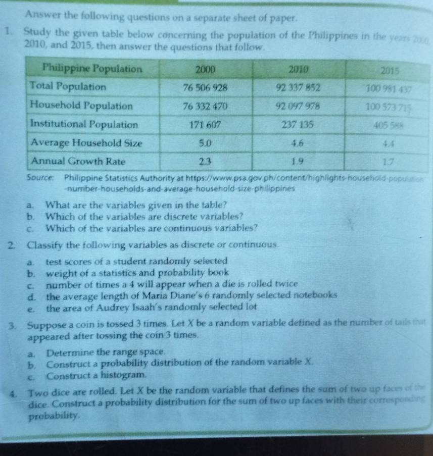 Answer the following questions on a separate sheet of paper. 
1. Study the given table below concerning the population of the Philippines in the years 2000
2010, and 2015, then answer the questions that follow. 
e: Philippine Statistics Authority at https://www.psa.gov.ph/content/highlights-household-population 
-number-households-and-average-household-size-philippines 
a. What are the variables given in the table? 
b. Which of the variables are discrete variables? 
c. Which of the variables are continuous variables? 
2. Classify the following variables as discrete or continuous. 
a. test scores of a student randomly selected 
b. weight of a statistics and probability book 
c. number of times a 4 will appear when a die is rolled twice 
d. the average length of Maria Diane's 6 randomly selected notebooks 
e. the area of Audrey Isaah's randomly selected lot 
3. Suppose a coin is tossed 3 times. Let X be a random variable defined as the number of tails that 
appeared after tossing the coin 3 times. 
a. Determine the range space. 
b. Construct a probability distribution of the random variable X. 
c. Construct a histogram. 
4. Two dice are rolled. Let X be the random variable that defines the sum of two up faces of the 
dice. Construct a probability distribution for the sum of two up faces with their corresponding 
probability.