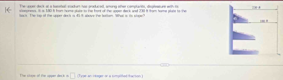 The upper deck at a baseball stadium has produced, among other complaints, displeasure with its 
steepness. It is 180 ft from home plate to the front of the upper deck and 230 ft from home plate to the 
back. The top of the upper deck is 45 ft above the bottom. What is its slope? 
The slape of the upper deck is □ (Type an integer or a simplified fraction.)