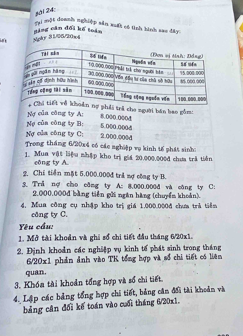 Tại một doanh nghiệp sản xuất có tình hình sau đây: 
Bảng cân đối kế toán 
iết Ngày 31/05/20x4
ả cho người bán bao gồm: 
Nợ của công ty A: 8.000.000a
Nợ của công ty B: 5.000.000d
Nợ của công ty C: 2.000.000d
Trong tháng 6/20x4 có các nghiệp vụ kinh tế phát sinh: 
1. Mua vật liệu nhập kho trị giá 20.000.000đ chưa trả tiền 
công ty A. 
2. Chi tiền mặt 5.000.000đ trả nợ công ty B. 
3. Trả nợ cho công ty A: 8.000.000d và công ty C:
2.000.000đ bằng tiền gửi ngân hàng (chuyển khoản). 
4. Mua công cụ nhập kho trị giá 1.000.000đ chưa trả tiền 
công ty C. 
Yêu cầu: 
1. Mở tài khoản và ghi sổ chi tiết đầu tháng 6/20x1. 
2. Định khoản các nghiệp vụ kinh tế phát sinh trong tháng
6/20x1 phản ảnh vào TK tổng hợp và sổ chi tiết có liên 
quan. 
3. Khóa tài khoản tổng hợp và sổ chi tiết. 
4. Lập các bảng tổng hợp chi tiết, bảng cân đối tài khoản và 
bảng cân đối kế toán vào cuối tháng 6/20x1.