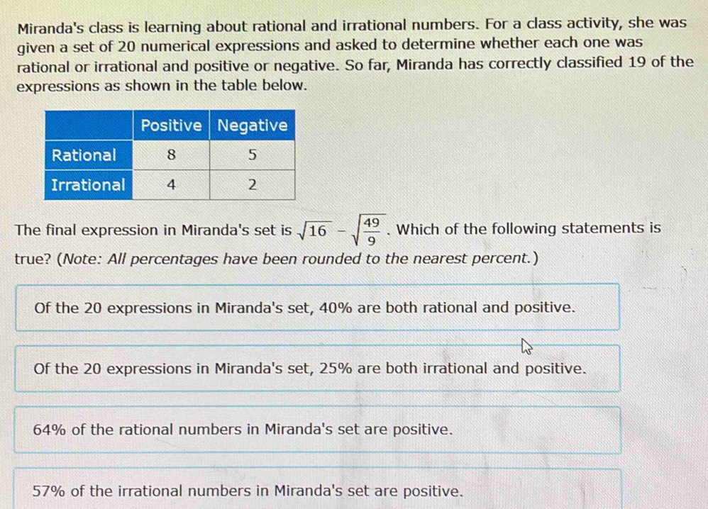 Solved: Miranda's class is learning about rational and irrational ...