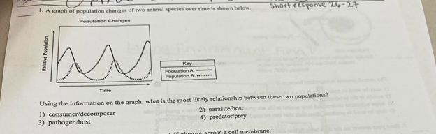 A graph of population changes of two animal species over time is shown below.
Population Changes
Key

Population A: Population 8: =----
Time
Using the information on the graph, what is the most likely relationship between these two populations?
1) consumer/decomposer 2) parasite/host
3) pathogen/host 4) predator/prey
across a cell membrane.