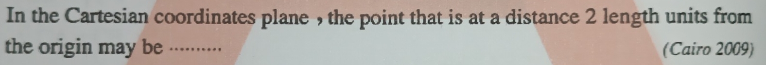 In the Cartesian coordinates plane , the point that is at a distance 2 length units from 
the origin may be .......... (Cairo 2009)