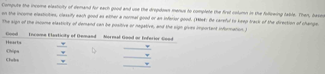 Compute the income elasticity of demand for each good and use the dropdown menus to complete the first column in the following table. Then, based 
on the income elasticities, classify each good as either a normal good or an inferior good. (HInt: Be careful to keep track of the direction of change. 
The sign of the income elasticity of demand can be positive or negative, and the sign girtant information.)