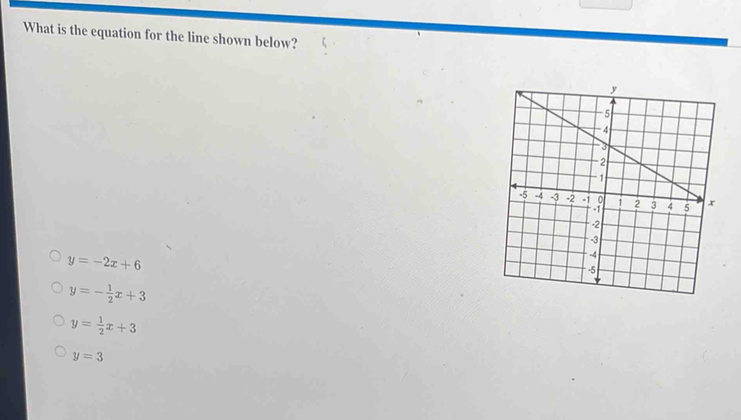 What is the equation for the line shown below?
y=-2x+6
y=- 1/2 x+3
y= 1/2 x+3
y=3