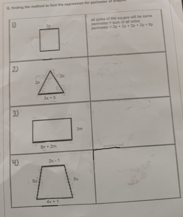 finding the method to find the expression for perimeter of shapus