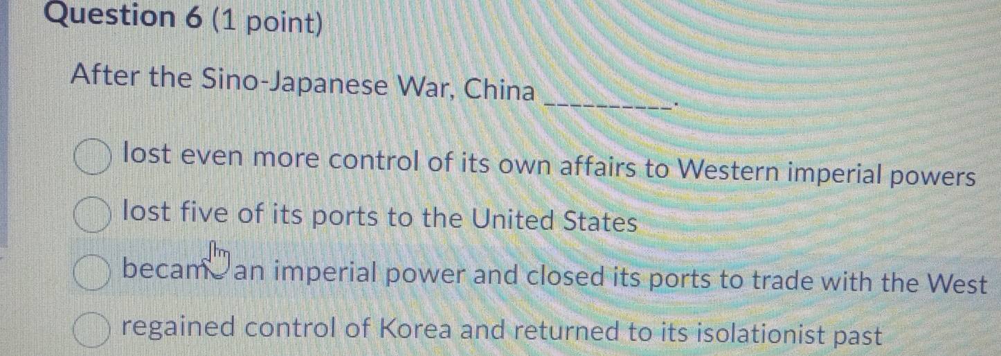 After the Sino-Japanese War, China
lost even more control of its own affairs to Western imperial powers
lost five of its ports to the United States
became an imperial power and closed its ports to trade with the West
regained control of Korea and returned to its isolationist past