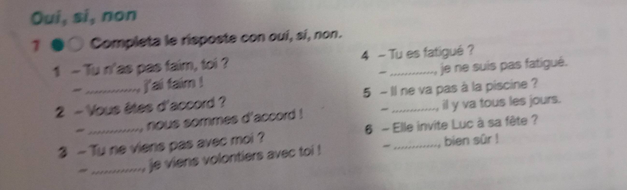 Oui, si, non 
7 
Completa le risposte con ouí, sí, non. 
4 - Tu es fatigué? 
1 - Tu n'as pas faim, toi ? 
j'ai faim ! _je ne suis pas fatigué. 
2 - Vous êtes d'accord ? 5 - Il ne va pas à la piscine ? 
_nous sommes d'accord ! il y va tous les jours. 
6 ~ Elle invite Luc à sa fête ? 
3 - Tu ne viens pas avec moi ? 
_bien sûr ! 
_je viens volontiers avec toi !