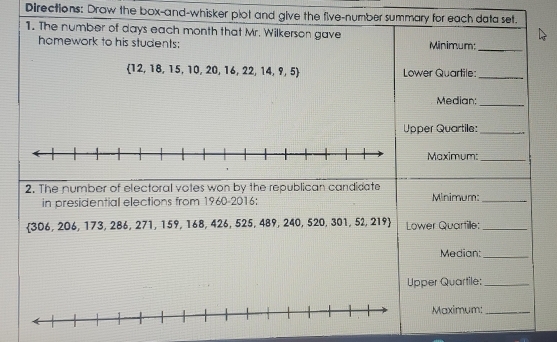 Directions: Draw the box-and-whisker plot and give the five-number summary for each data set. 
1. The number of days each month that Mr. Wilkerson gave 
homework to his students: Minimum: 
_
 12,18,15,10,20,16,22,14,9,5 Lower Quartile:_ 
Median: 
_ 
Upper Quartile:_ 
Maximum:_ 
2. The number of electoral votes won by the republican candidate Minimum:_ 
in presidential elections from 1960-2016;
 306,206,173,286,271,159,168,426 , 525, 489, 240, 520, 301, 52, 219) Lower Quartille:_ 
Median:_ 
Upper Quartile:_ 
Maximum;_