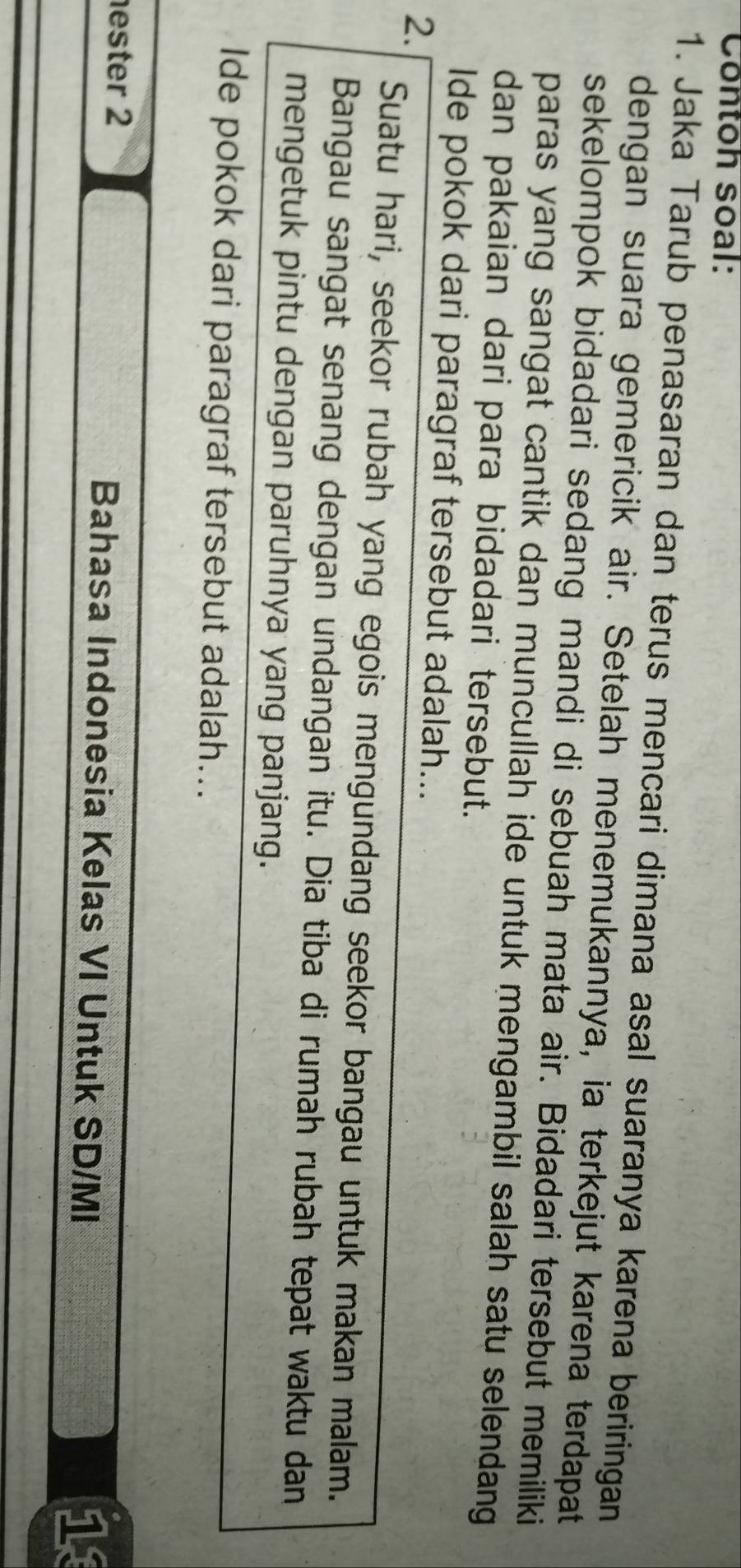 Contoh soal: 
1. Jaka Tarub penasaran dan terus mencari dimana asal suaranya karena beriringan 
dengan suara gemericik air. Setelah menemukannya, ia terkejut karena terdapat 
sekelompok bidadari sedang mandi di sebuah mata air. Bidadari tersebut memiliki 
paras yang sangat cantik dan muncullah ide untuk mengambil salah satu selendang 
dan pakaian dari para bidadari tersebut. 
Ide pokok dari paragraf tersebut adalah... 
2. 
Suatu hari, seekor rubah yang egois mengundang seekor bangau untuk makan malam. 
Bangau sangat senang dengan undangan itu. Dia tiba di rumah rubah tepat waktu dan 
mengetuk pintu dengan paruhnya yang panjang. 
Ide pokok dari paragraf tersebut adalah... 
ester 2 Bahasa Indonesia Kelas VI Untuk SD/MI 
1