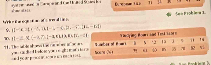 system used in Europe and the United States for 
shoe sizes. European Size 31 34 36 39
Write the equation of a trend line. See Problem 2. 
9.  (-10,3),(-5,1),(-1,-4),(3,-7),(12,-12)
10.  (-15,8),(-8,7),(-3,0),(0,0),(7,-3)
11. The table shows the number of hours 
you studied before your eight math t 
and your percent score on each test. 
See Problem 3.