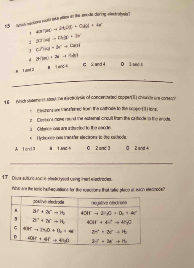 Which reactions could take place at the anode during electrolysis?
1 4OH^-(aq)to 2H_2O(l)+O_2(g)+4e^-
2 2Cl^-(aq)to Cl_2(g)+2e^-
3 Cu^(2+)(aq)+2e^-to Cu(s)
4 2H^+(aq)+2e^-to H_2(g)
A 1 and 2 B 1 and 4 C 2 and 4 D 3 and 4
_
16 Which statements about the electrolysis of concentrated copper(II) chloride are correct?
1 Electrons are transferred from the cathode to the copper(II) ions.
2 Electrons move round the external circuit from the cathode to the anode.
3 Chloride ions are attracted to the anode.
4 Hydroxide ions transfer electrons to the cathode.
A 1 and 3 B 1 and 4 C 2 and 3 D 2 and 4
_
17 Dilute sulfuric acid is electrolysed using inert electrodes.
What are the ionic half-equations for the reactions that take place at each electrode?