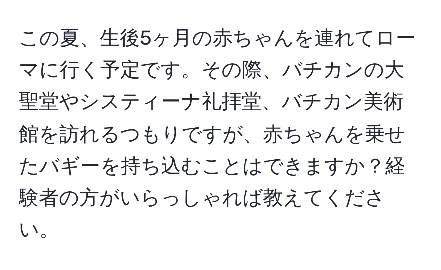 この夏、生後5ヶ月の赤ちゃんを連れてローマに行く予定です。その際、バチカンの大聖堂やシスティーナ礼拝堂、バチカン美術館を訪れるつもりですが、赤ちゃんを乗せたバギーを持ち込むことはできますか？経験者の方がいらっしゃれば教えてください。