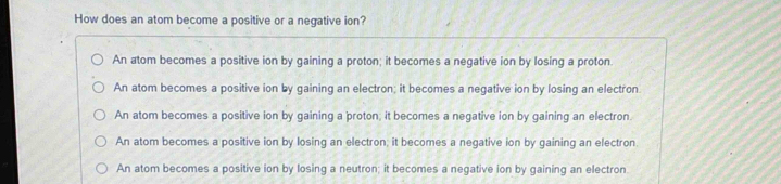 How does an atom become a positive or a negative ion?
An atom becomes a positive ion by gaining a proton; it becomes a negative ion by losing a proton.
An atom becomes a positive ion by gaining an electron; it becomes a negative ion by losing an electron
An atom becomes a positive ion by gaining a proton; it becomes a negative ion by gaining an electron.
An atom becomes a positive ion by losing an electron; it becomes a negative ion by gaining an electron
An atom becomes a positive ion by losing a neutron; it becomes a negative ion by gaining an electron