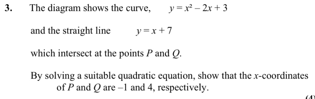 The diagram shows the curve, y=x^2-2x+3
and the straight line y=x+7
which intersect at the points P and Q.
By solving a suitable quadratic equation, show that the x-coordinates
of P and Q are -1 and 4, respectively.
(