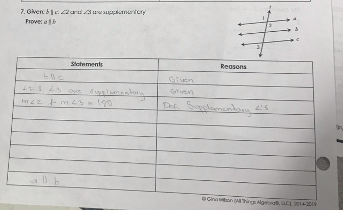 Given: b||c; ∠ 2 and ∠ 3 are supplementary 
Prove: aparallel b
p:, 
Things Algebra®, LLC), 2014-2019