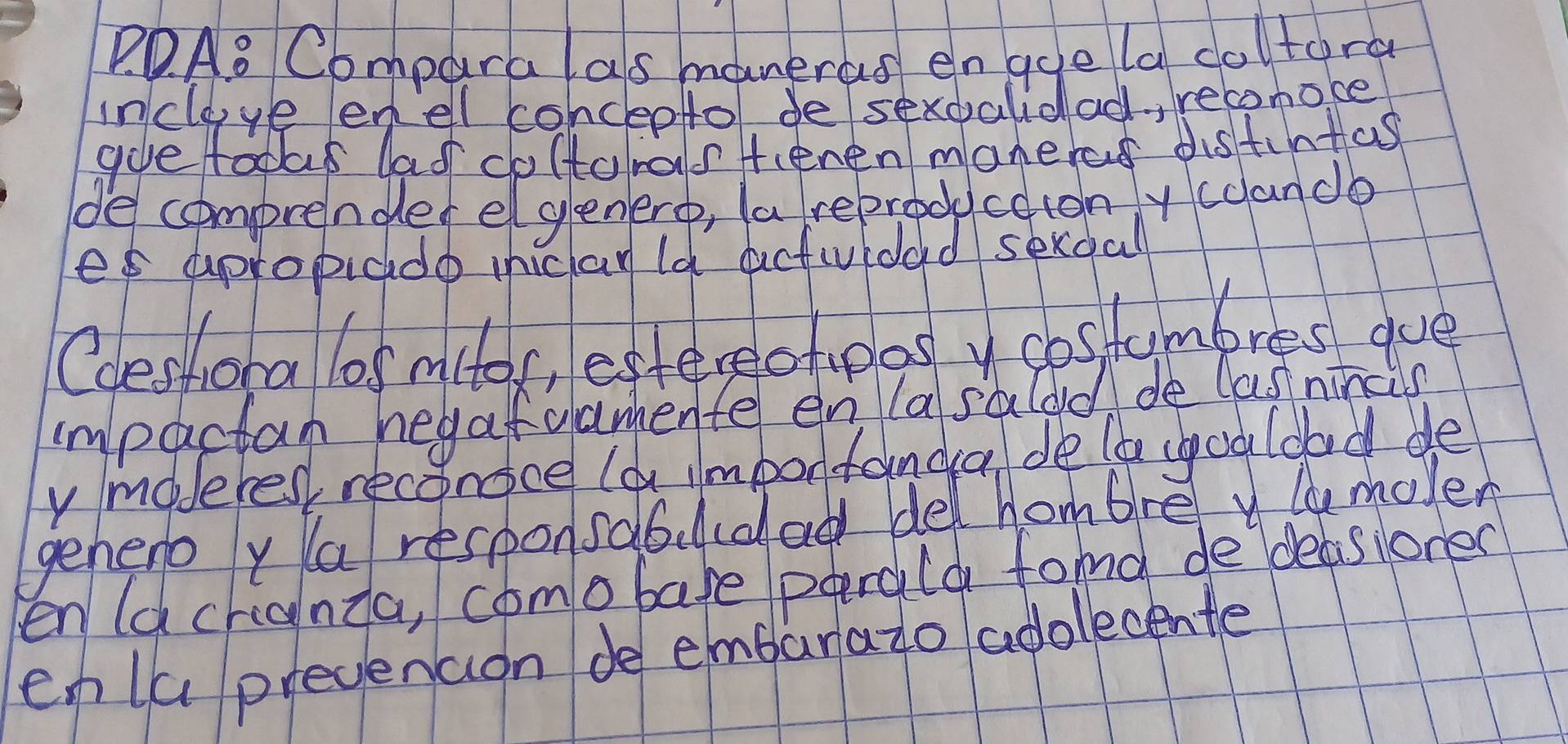 DA.8 Comparalas maneras en gue (a coltora 
incluye enel conceoto desexdalidad, reconoce 
guve tooaes lad coltoror tenen maneras distintas 
de comprender elgenero, (a reproducaion y coandb 
es apropiddo iniclayld actividad sexoall 
Coestona los mitos, efferecheos y gostumbres aue 
impactan hegafcamente en (asalad de las nincis 
y moderes, reconoce (a imponfanca de la yoaldad de 
genero y a responsd6dad del hombre la moven 
enla crianda, comobate parala fond de deaslone 
enla prevencion de embarazo adolecente