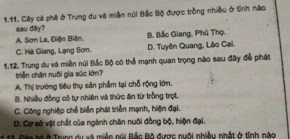 Cây cà phê ở Trung du và miền núi Bắc Bộ được tròng nhiều ở tỉnh nào
sau đây?
A. Sơn La, Điện Biên. B. Bắc Giang, Phú Thọ.
C. Hà Giang, Lạng Sơn. D. Tuyên Quang, Lào Cai.
1.12. Trung du và miền núi Bắc Bộ có thế mạnh quan trọng nào sau đây để phát
triển chăn nuôi gia súc lớn?
A. Thị trường tiêu thụ sản phẩm tại chỗ rộng lớn.
B. Nhiều đồng cỏ tự nhiên và thức ăn từ trồng trọt.
C. Công nghiệp chế biến phát triển mạnh, hiện đại.
D. Cơ sở vật chất của ngành chăn nuôi đồng bộ, hiện đại.
1 13 Đàn bộ ở Trung du và miền núi Bắc Bô được nuôi nhiều nhất ở tỉnh nào