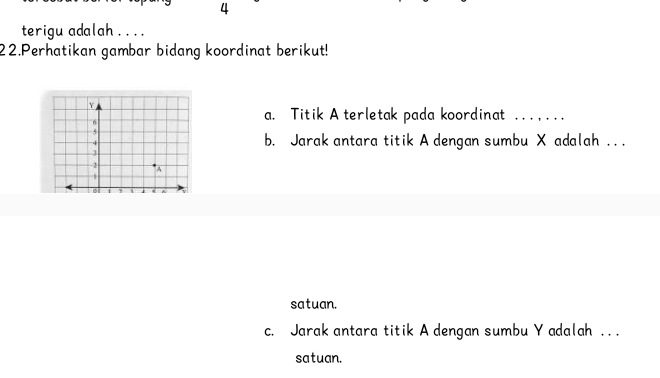 terigu adalah . . . . 
22.Perhatikan gambar bidang koordinat berikut! 
a. Titik A terletak pada koordinat_ 
b. Jarak antara titik A dengan sumbu X adalah . . . 
satuan. 
c. Jarak antara titik A dengan sumbu Y adalah .. . 
satuan.