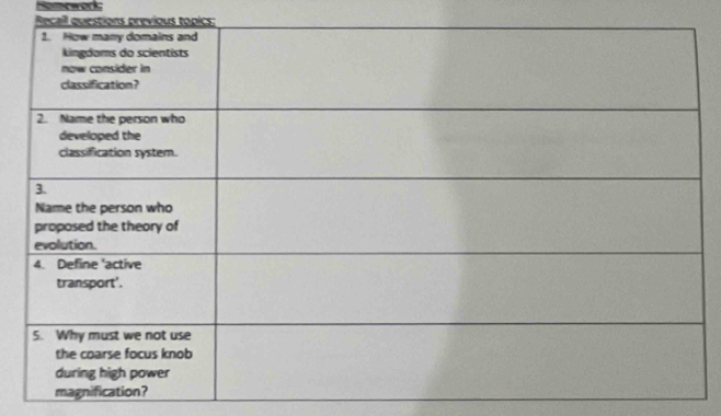 Homeworks 
Recall questions previous topics